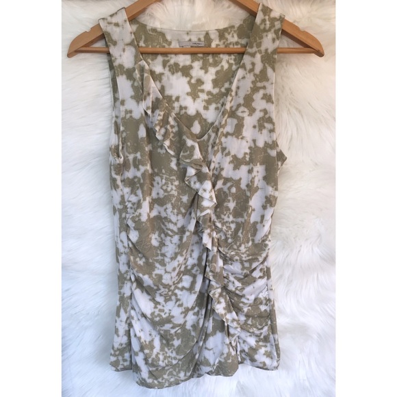 HALOGEN | Olive Ruched Sleeveless Blouse w Ruffles - Picture 1 of 5